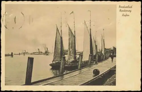 Ansichtskarte Norderney Hafen Segelboot 1938