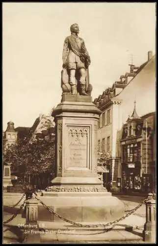 Ansichtskarte Offenburg Sir Francis Drake-Denkmal Geschäfte Fotokarte 1926