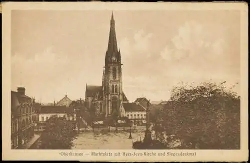 Oberhausen Marktplatz mit Herz-Jesu-Kirche und Siegesdenkmal 1924