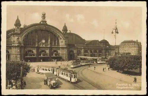 Ansichtskarte Frankfurt am Main Hauptbahnhof Straßenbahn 1942  gel Feldpost WK2