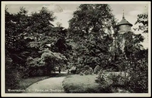 Ansichtskarte Wesermünde-Bremerhaven Partie im Stadtpark - Turm 1936