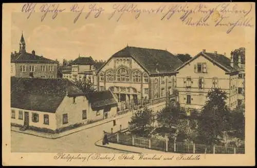 Ansichtskarte Philippsburg Städt. Warmbad und Festhalle 1917