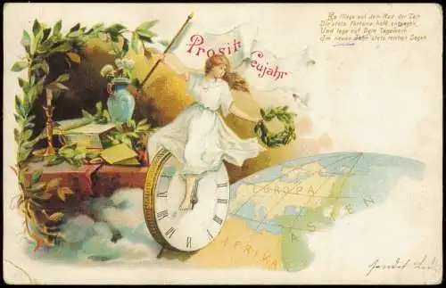 Ansichtskarte  Neujahr Sylvester New Year Frau sitzend auf Uhr 1902