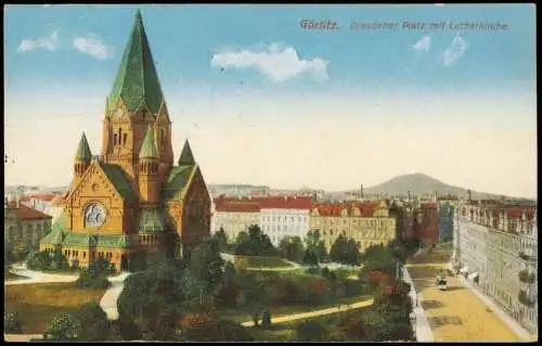 Ansichtskarte Görlitz Zgorzelec Dresdener Platz mit Lutherkirche. 1915