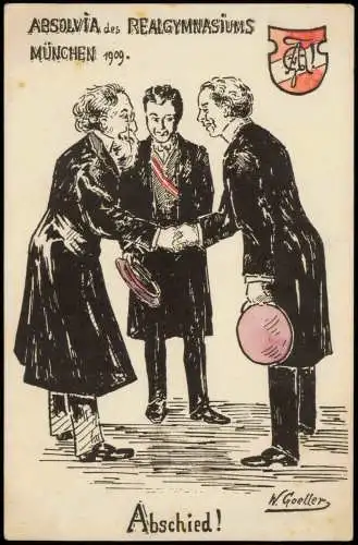 München ABSOLVIA des REALGYMNASIUMS Studentika Künstlerkarte 1909