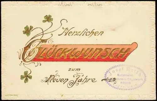 Neujahr Sylvester New Year Kleeblatt Goldschrift 1904 Goldrand/Prägekarte