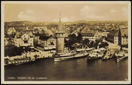 Ansichtskarte Lindau (Bodensee) Seehafen mit alt. Leuchtturm Dampfer 1934