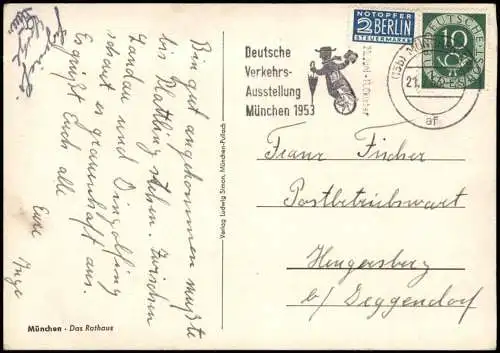 Ansichtskarte München Rathaus 1953  gel. Notopfer Berlin Posthorn