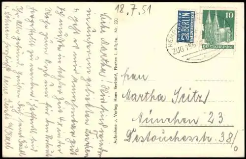 Ansichtskarte Fischen im Allgäu Totale 1951  gel. Bahnpoststempel