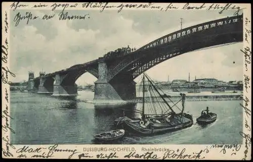 Ansichtskarte Hochfeld-Duisburg Rhein-Brücke Dampflok Schiff Fabrik 1931