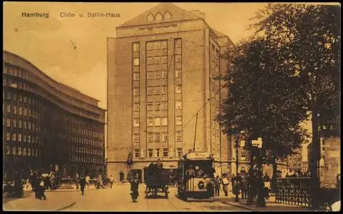 Ansichtskarte Hamburg Tram Straßenbahn am Chile- u. Ballin-Haus 1925