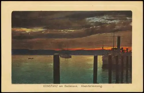 Ansichtskarte Konstanz Abendstimmung Dampfer colorierte Ak 1923 Passepartout