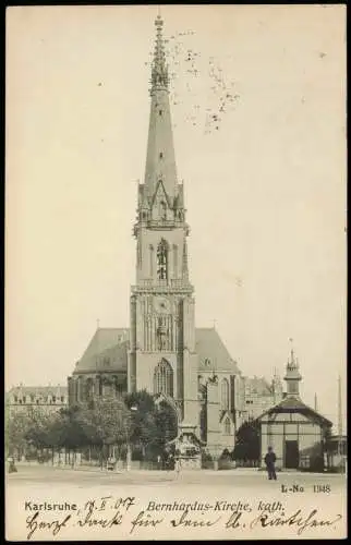 Ansichtskarte Karlsruhe Partie an der Bernhardus-Kirche kath. 1907