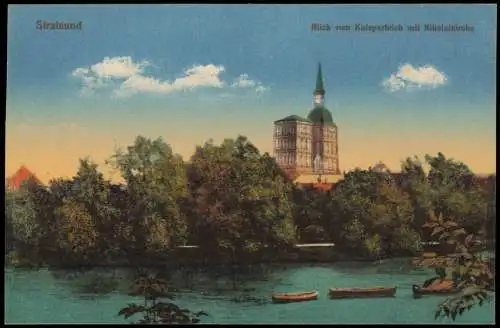 Ansichtskarte Stralsund Blick vom Knieperteich mit Nikolaikirche 1914