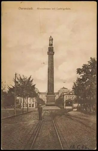 Ansichtskarte Darmstadt Partie in der Rheinstraße Tram Siegessäule 1913