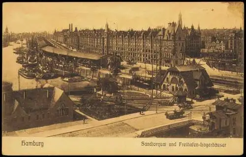 Ansichtskarte Hamburg Sandtorquai und Freihafen Lagerhäuser 1913