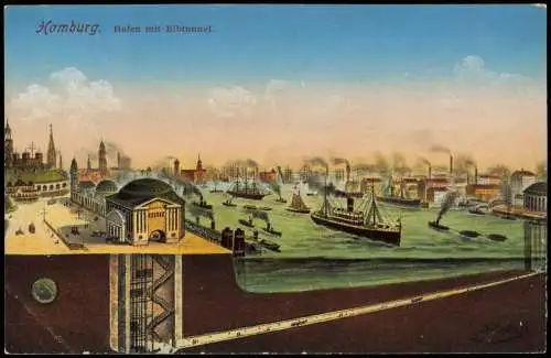 Ansichtskarte St. Pauli-Hamburg Hafen mit Elbtunnel - Querschnitt 1914