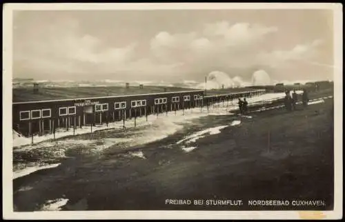 Ansichtskarte Cuxhaven Freibad Restaurant bei Sturmflut 1928