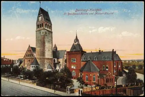 Ansichtskarte Hochfeld-Duisburg St. Bonifazius-Kirche und Marien-Hospital 1914