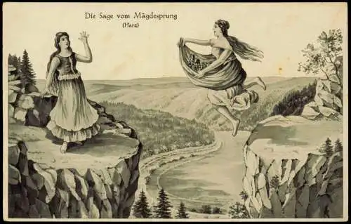 Mägdesprung-Harzgerode Die Sage junge Frauen Künstlerkarte 1928