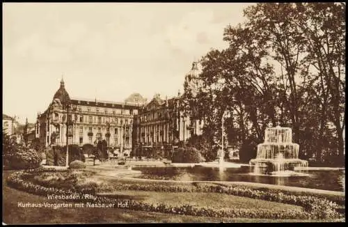 Ansichtskarte Wiesbaden Kurhaus-Vorgarten mit Nassauer Hof. 1928