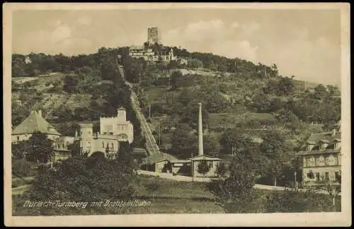 Ansichtskarte Durlach-Karlsruhe Turmberg mit Drahtseilbahn 1916