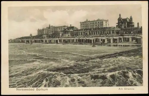 Ansichtskarte Borkum Strand, Kabinen und Hotels 1931