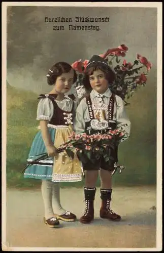 Geburtstag Birthday Junge und Mädchen in Tracht 1918 Silberrand