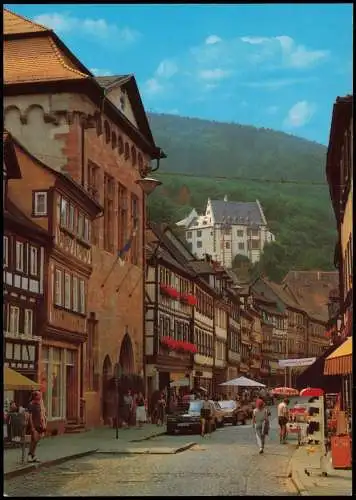 Miltenberg (Main) Hauptstraße mit altem Rathaus und Blick zur Mildenburg 1980