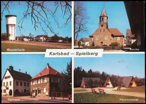 Spielberg-Karlsbad Mehrbild-AK mit Wasserturm Kirche Rathaus Ferienhäuser 1975