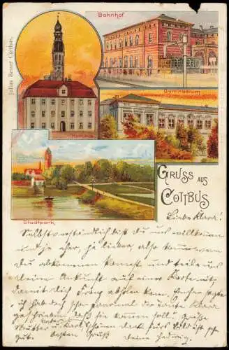 Ansichtskarte Litho AK Cottbus Gruss aus Bahnhof Gymanium Park 1899