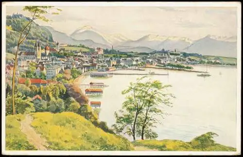 Ansichtskarte Bregenz Künstlerkarte Stadt und Bodensee 1928