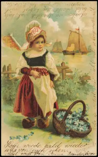 Holland Dutch Niederlande Art Mädchen in Holzschuhen Veilchen 1908 Prägekarte