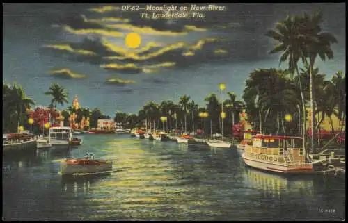 Postcard Lauderdale Moonlight on New River 1928