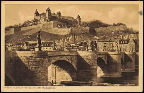 Ansichtskarte Würzburg Main Partie, Festung und alte Mainbrücke 1920