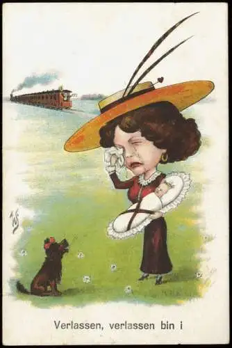 Abfahrender Zug Frau mit Baby Verlassen, verlassen bin ich! Scherzkarte 1914