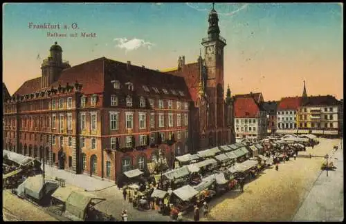 Ansichtskarte Frankfurt (Oder) Rathaus mit Markt Markttreiben 1928