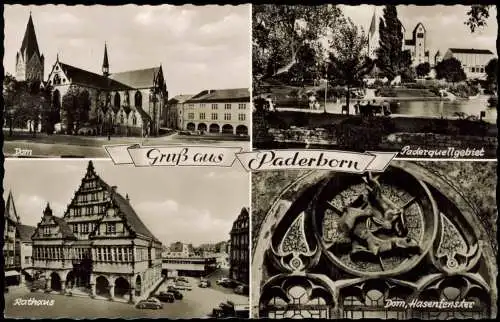 Ansichtskarte Paderborn 4 Bild Dom Paderquellgebiet Rathaus 1958