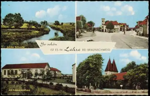 Lehre Mehrbild-AK Marktplatz, Feierabendhaus, Kirche, Schunter 1967