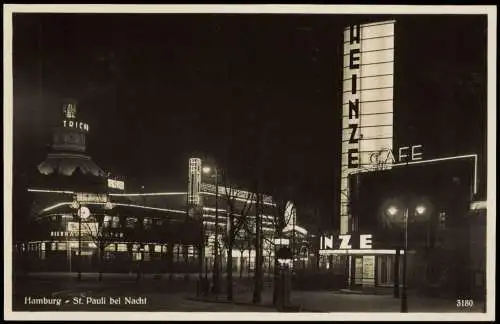 St. Pauli-Hamburg bei Nacht Leuchtreklame Bierhaus Nagler Cafe Heinze 1932