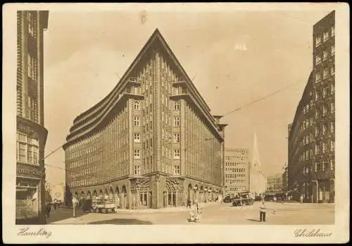 Ansichtskarte Hamburg Straßenpartie Chilehaus 1946  gel Stempel HH Harburg 24
