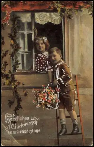 Ansichtskarte  Geburtstag Birthday Mädchen Junge auf Leiter vor Fenster 1918