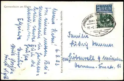 Ansichtskarte Germersheim 4 Bild Straßen u. Plätze 1953  gel. Bahnpoststempel