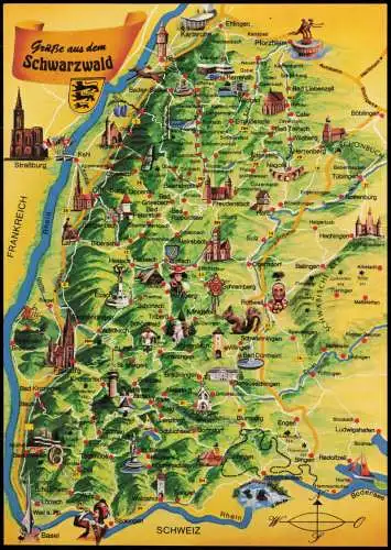 .Baden-Württemberg Landkarte (Map-Postcard) Schwarzwald (Mittelgebirge) 1980