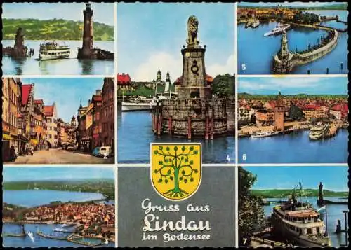 Lindau (Bodensee) Mehrbildkarte mit Ortsansichten ua. Hafen, Schiffe 1965