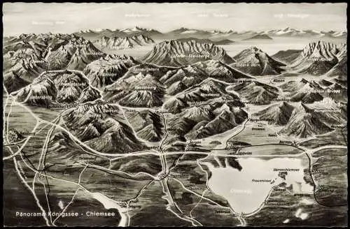 .Bayern Panorama Königssee Chiemsee (Relief-Karte, Berg-Panorama) 1960