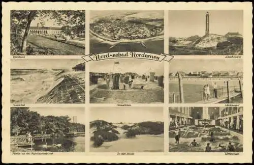 Ansichtskarte Norderney Mehrbild Luftaufnahme Strand Wellenbad uvm 1953