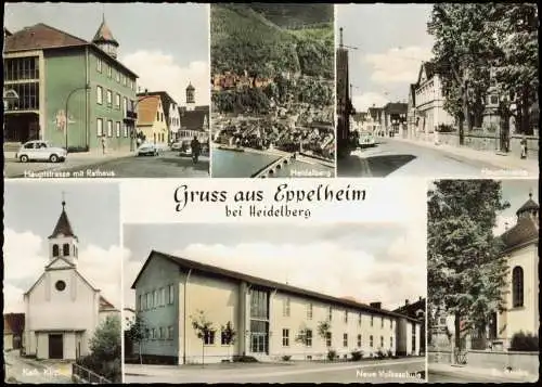 Ansichtskarte Eppelheim Hauptstrasse mit Rathaus, Volksschule, Kirche 1964