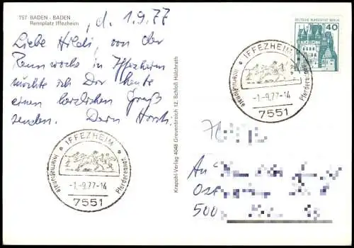 Ansichtskarte Iffezheim Pferderennbahn Renntag 1977  gel. Sonderstempel