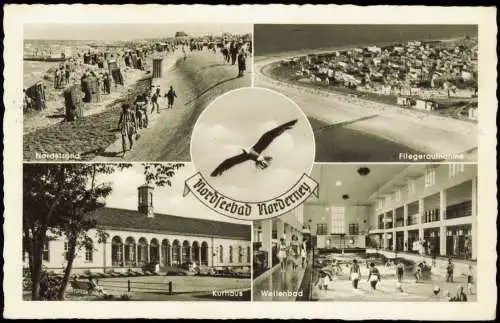 Norderney Mehrbild-AK mit Strand, Kleingolfplatz, Wellenbad 1957